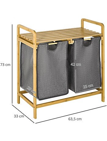 Panier à linge en bambou 2 paniers amovibles gris