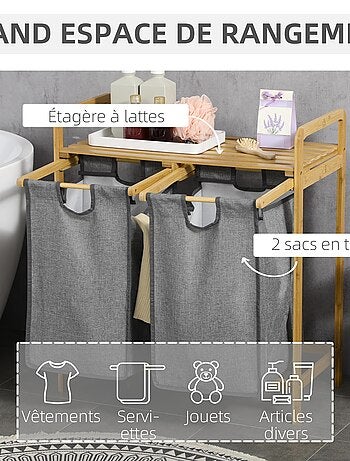 Panier à linge en bambou 2 paniers amovibles gris