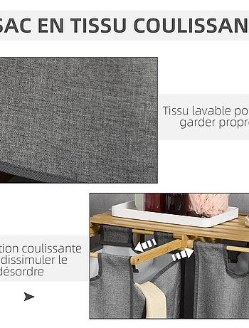 Panier à linge en bambou 2 paniers amovibles gris