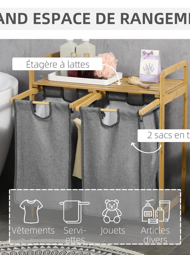 Panier à linge en bambou 2 paniers amovibles gris Gris - Kiabi