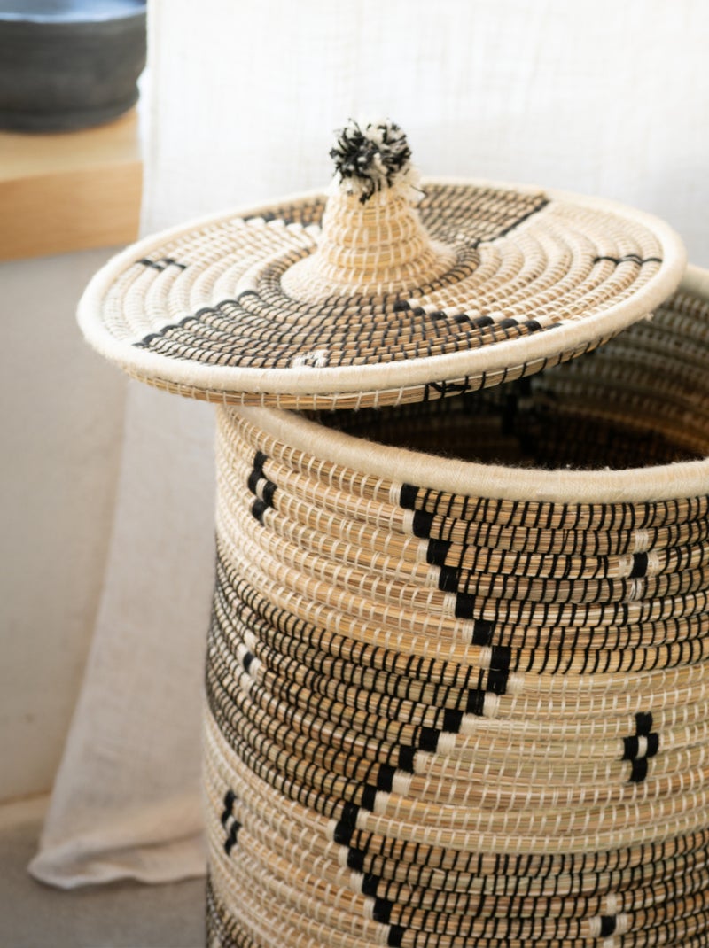 Panier à linge motifs ethniques en fibres naturelles Blanc - Kiabi