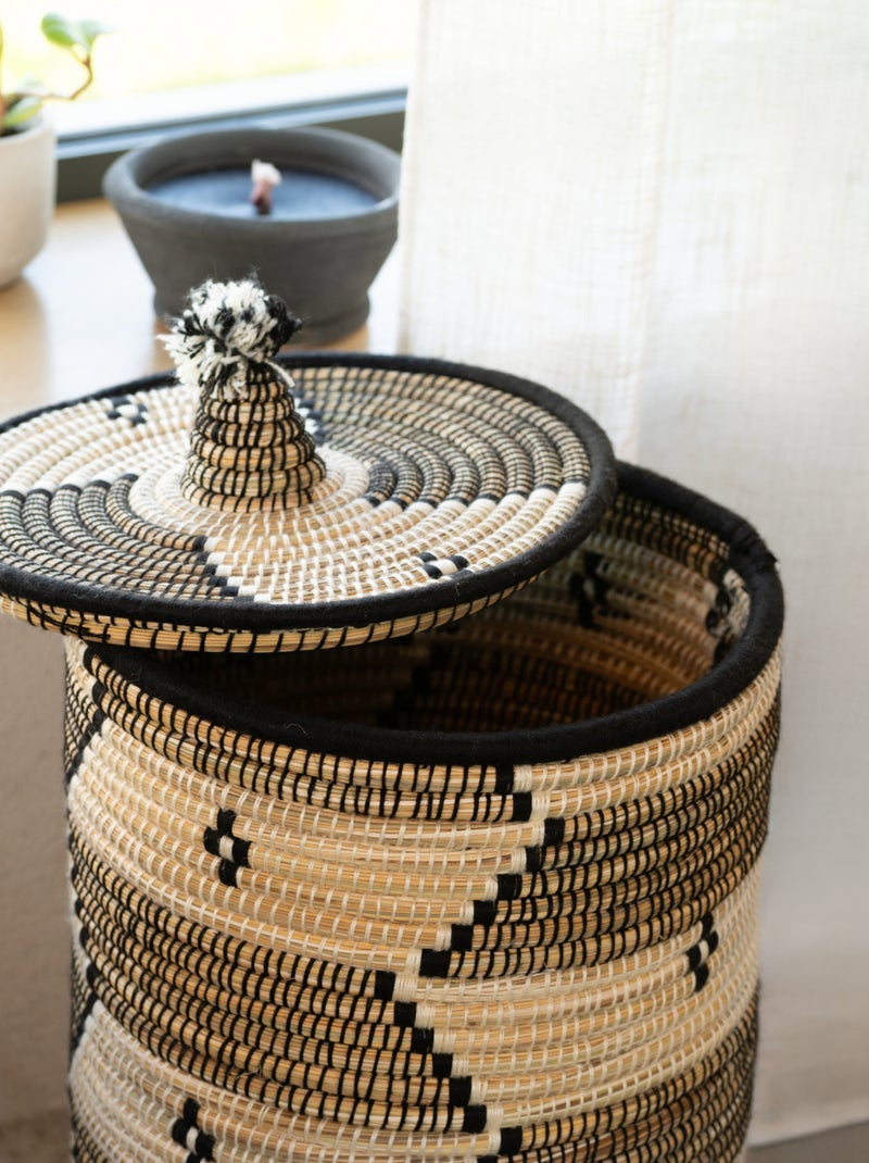 Panier à linge motifs ethniques en fibres naturelles Noir - Kiabi