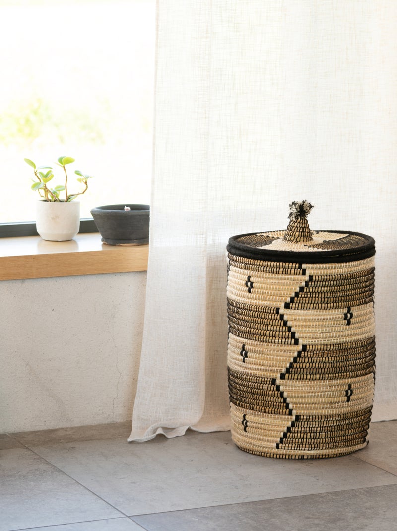 Panier à linge motifs ethniques en fibres naturelles Noir - Kiabi