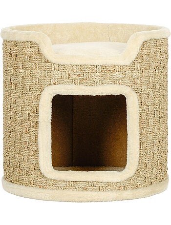 Panier coussin griffoir chat 3 en 1 jonc de mer peluche beige
