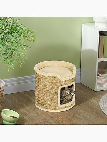 Panier coussin griffoir chat 3 en 1 jonc de mer peluche beige