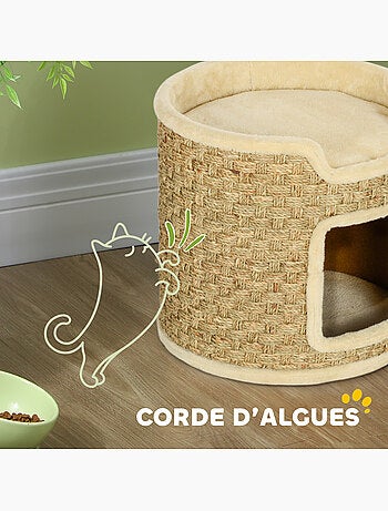 Panier coussin griffoir chat 3 en 1 jonc de mer peluche beige