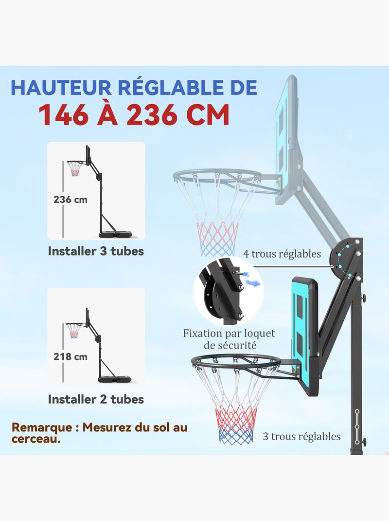 Panier de basketball sur pied réglable h.146-236 cm lestage roulettes bleu noir Noir - Kiabi