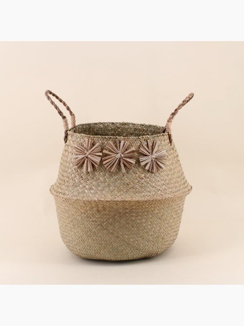 Panier en fibres naturelles avec pompons 38x33cm - Kiabi