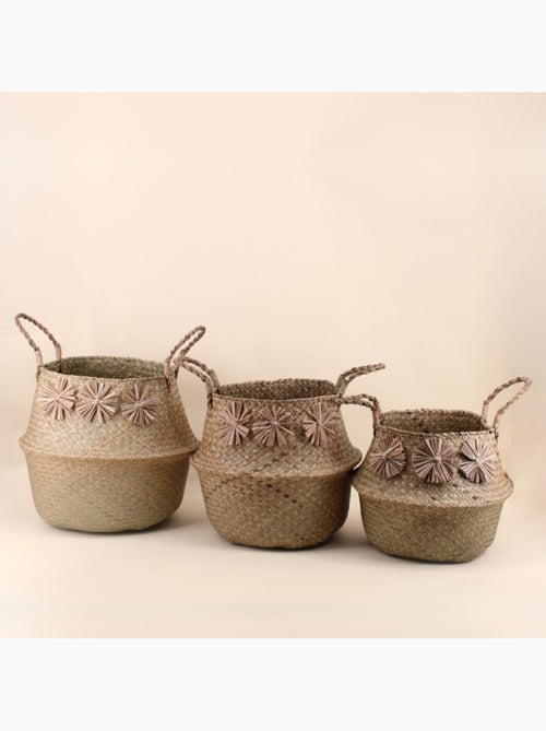 Panier en fibres naturelles avec pompons 38x33cm - Kiabi