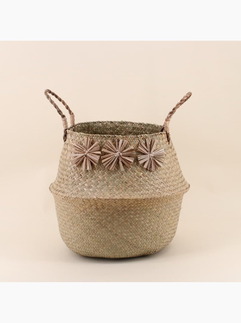 Panier en fibres naturelles avec pompons 38x33cm Beige - Kiabi