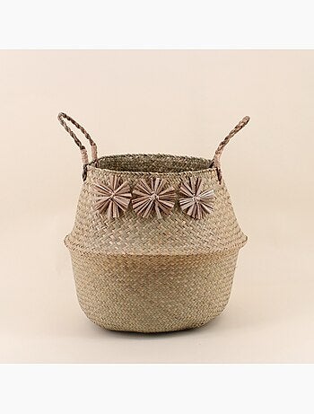 Panier en osier avec pompons 38x33cm