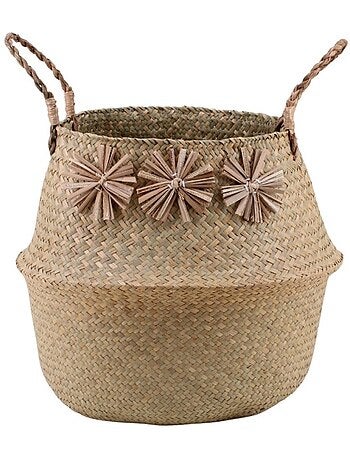 Panier en osier avec pompons 38x33cm