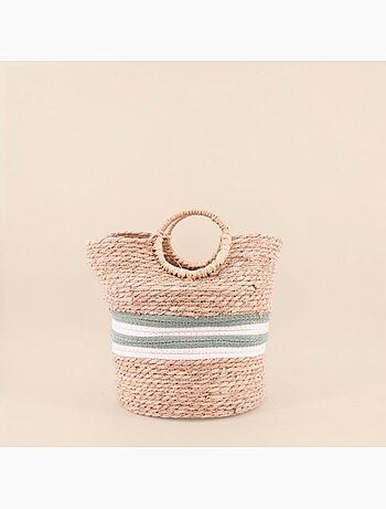 Panier naturel rayé avec poignées bambou 31x31cm