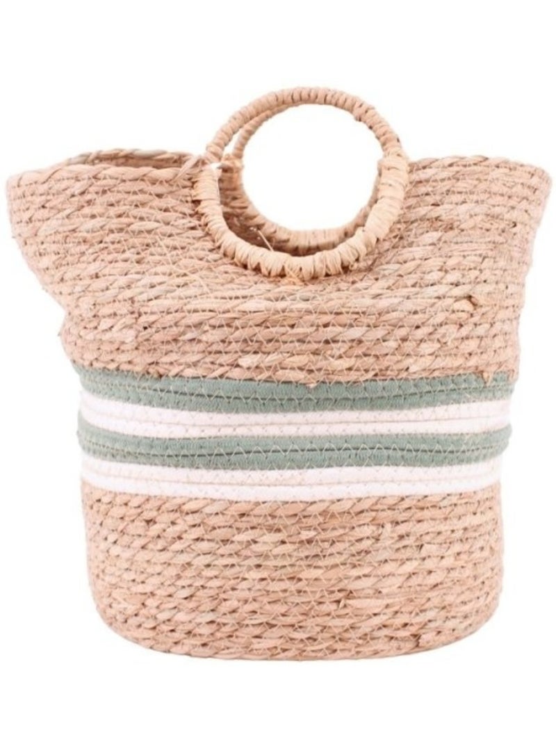 Panier naturel rayé avec poignées bambou 31x31cm Beige - Kiabi