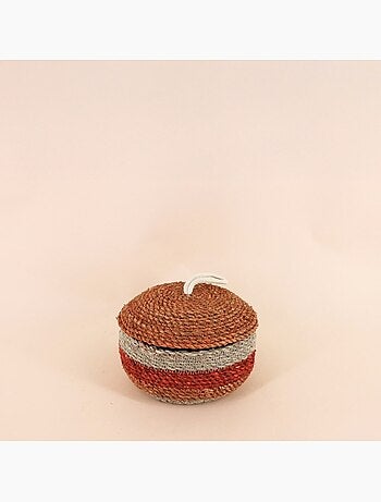 Panier rayé à couvercle fibres naturelles rouge, naturel 17x10cm