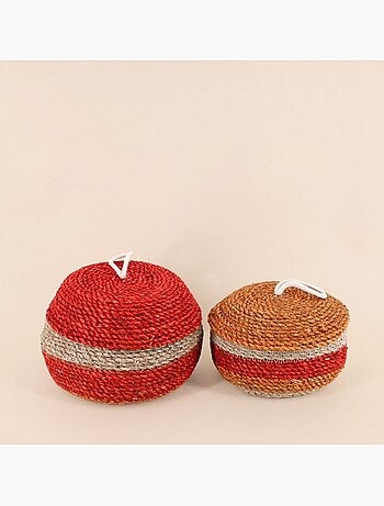 Panier rayé à couvercle fibres naturelles rouge, naturel 17x10cm