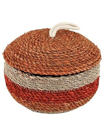 Panier rayé à couvercle fibres naturelles rouge, naturel 17x10cm