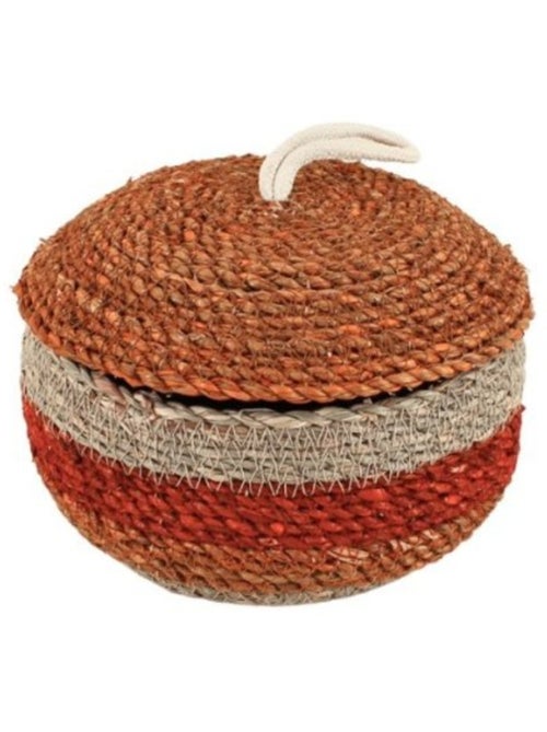 Panier rayé à couvercle fibres naturelles rouge, naturel 17x10cm - Kiabi