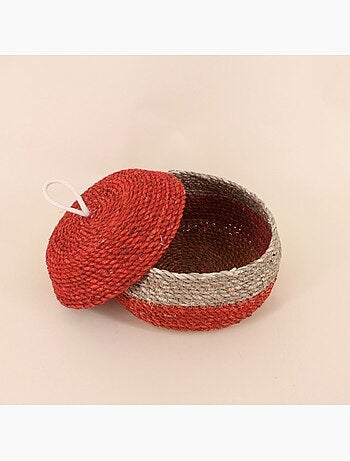 Panier rayé à couvercle fibres naturelles rouge, naturel 20x11cm