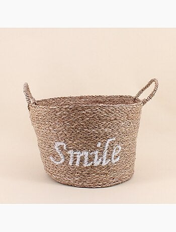 Panier rond brodé "Smile" en jonc de mer