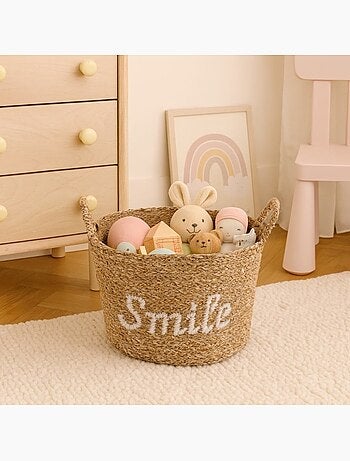 Panier rond brodé "Smile" en jonc de mer