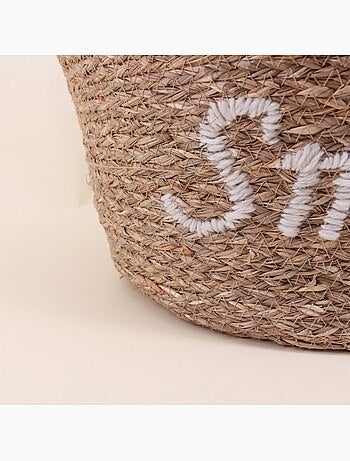 Panier rond brodé "Smile" en jonc de mer