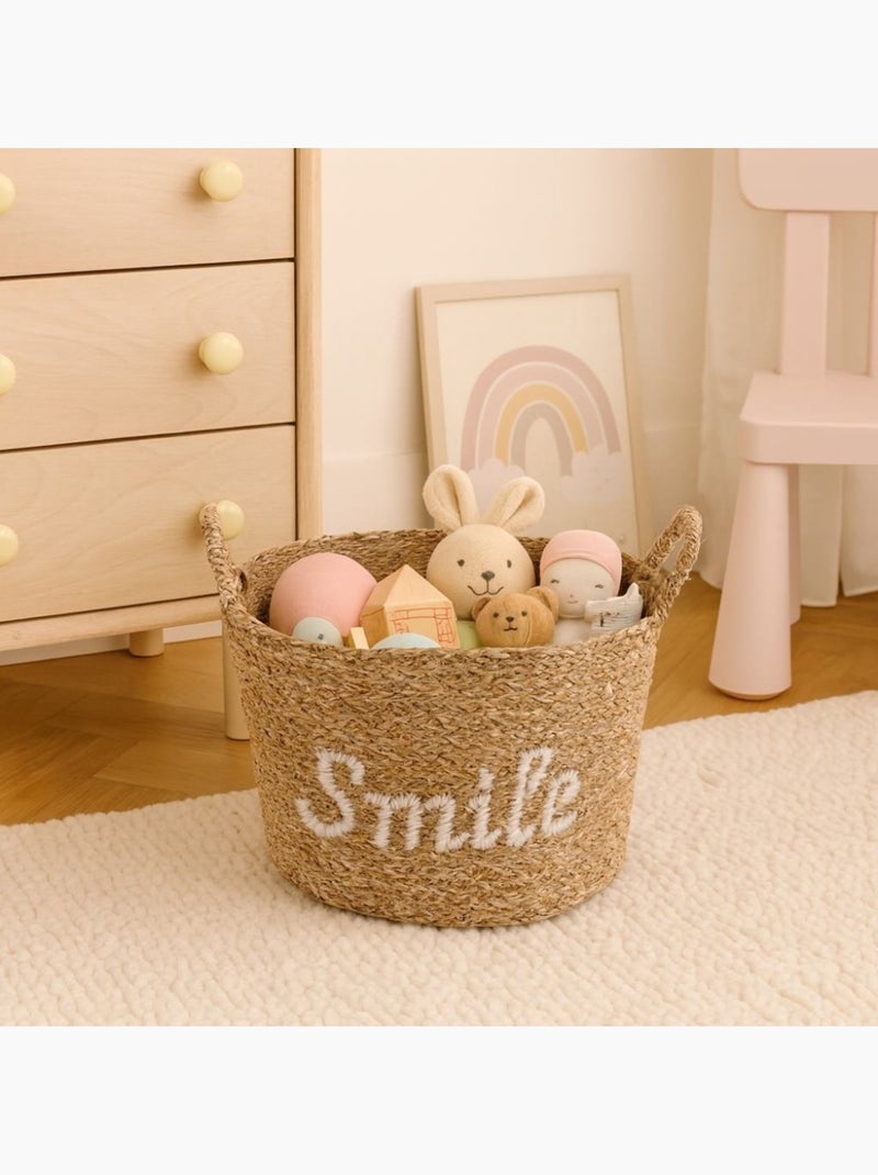 Panier rond brodé "Smile" en jonc de mer Beige - Kiabi