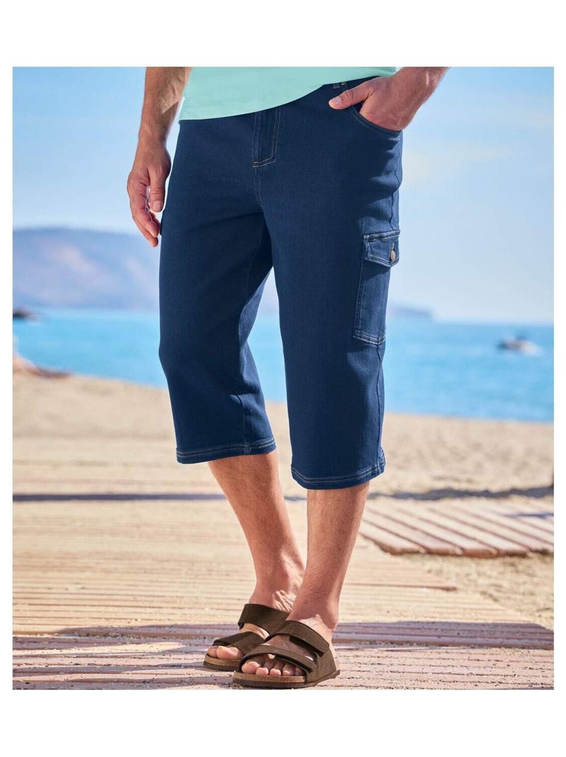 Pantacourt Cargo en Jean Stretch Confort   - ATLAS FOR MEN Bleu foncé - Kiabi