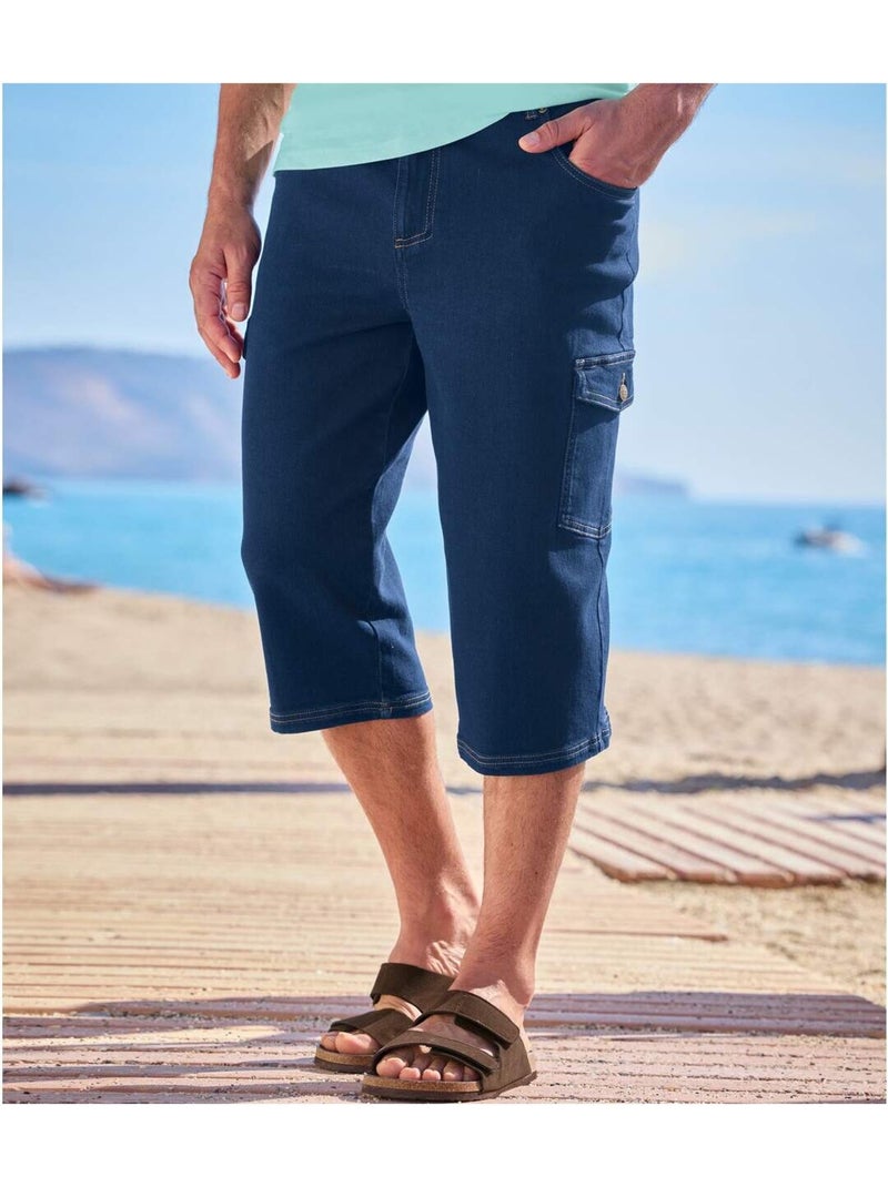 Pantacourt Cargo en Jean Stretch Confort   - ATLAS FOR MEN Bleu foncé - Kiabi