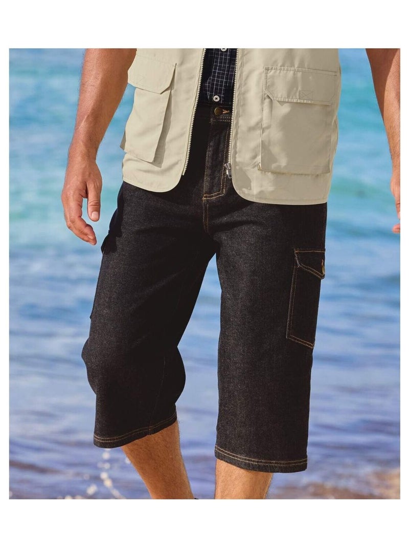 Pantacourt Détente Cargo en Denim   - ATLAS FOR MEN Noir - Kiabi