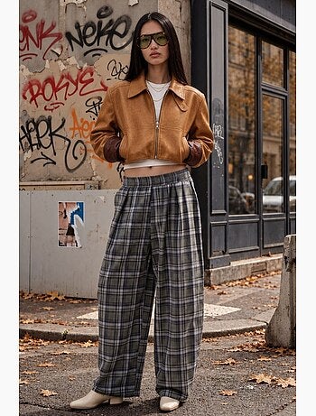 Pantalon à carreaux avec taille élastique et détail de poches hiccup