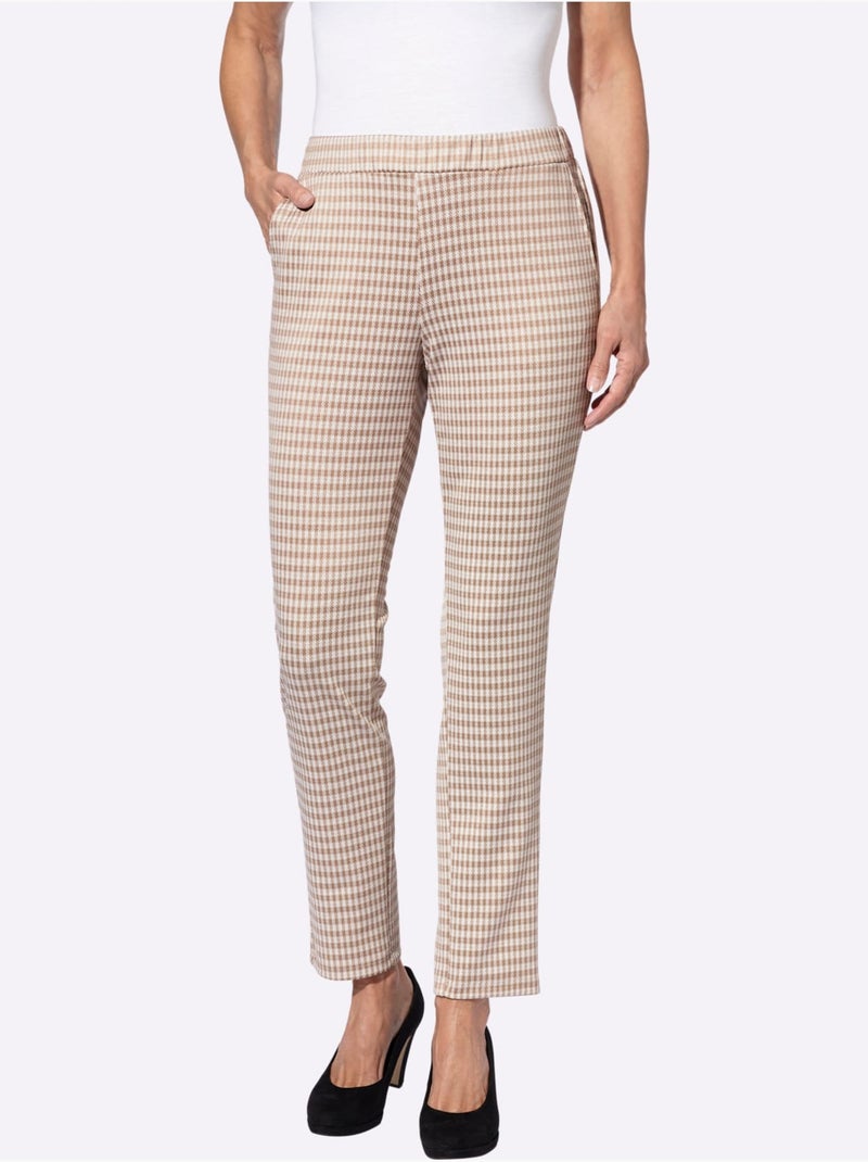 Pantalon à carreaux vichy avec ceinture élastique et poches - taille standard - moda vilona Beige - Kiabi