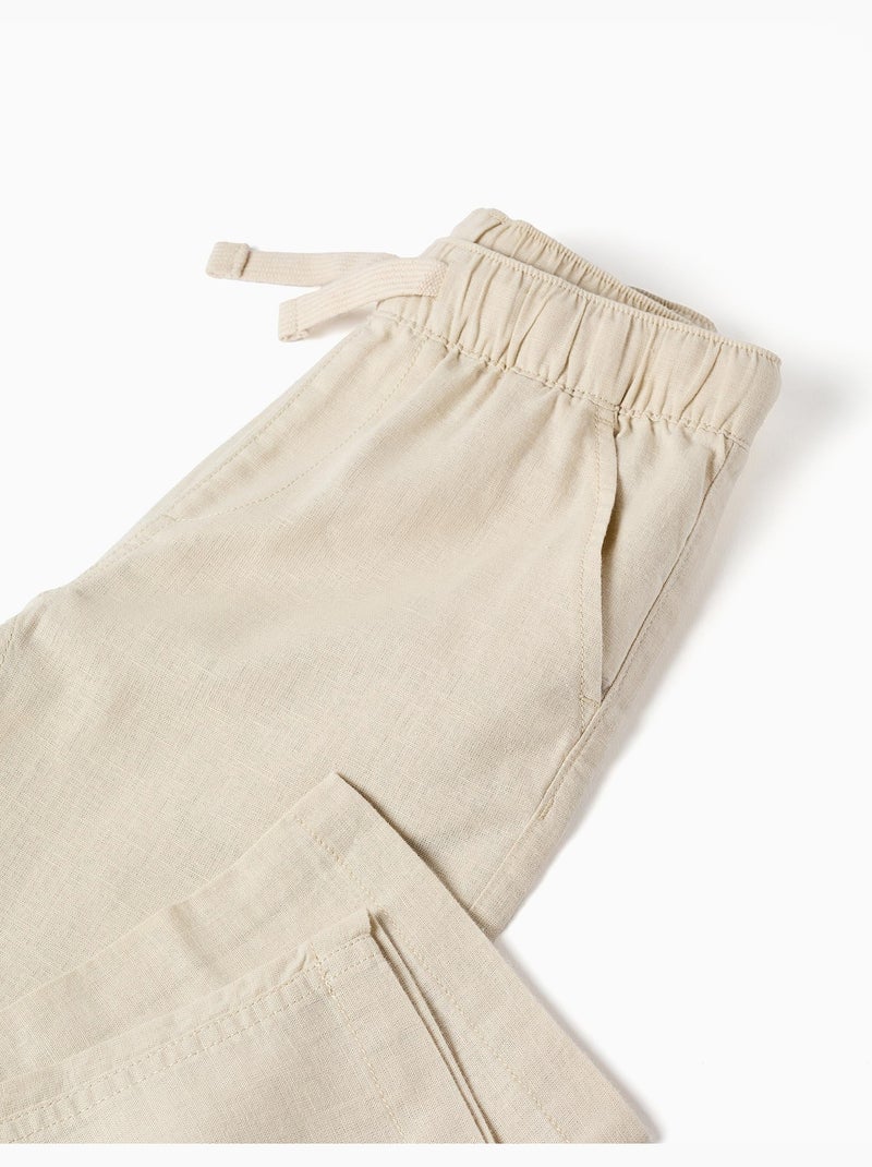 Pantalon à coupe droite en lin avec cordon de serrage Beige clair - Kiabi