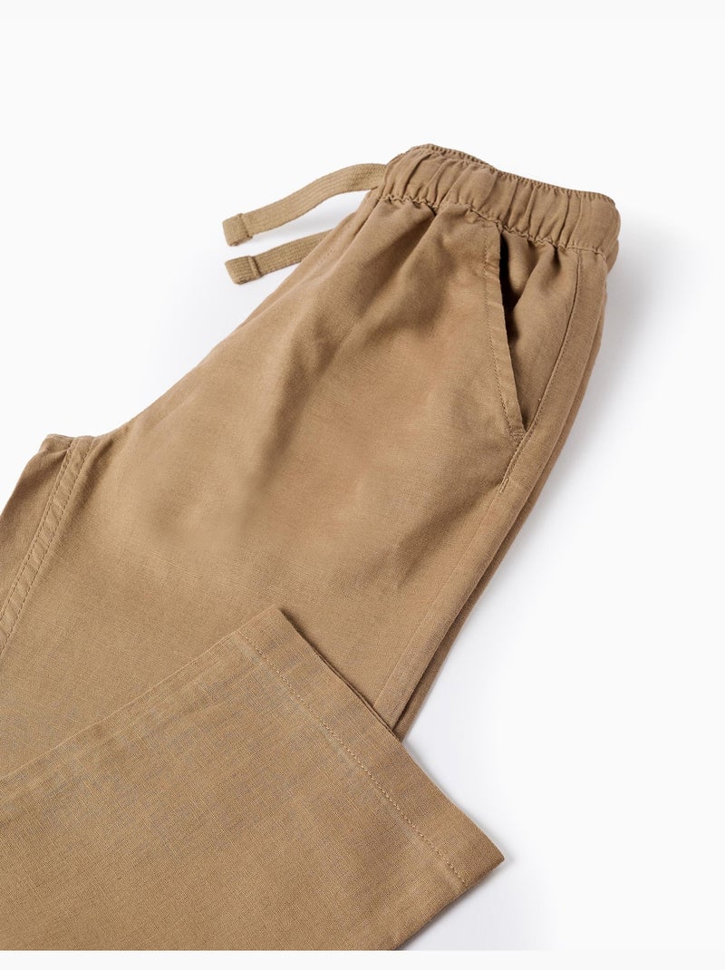 Pantalon à coupe droite en lin avec cordon de serrage Beige foncé - Kiabi