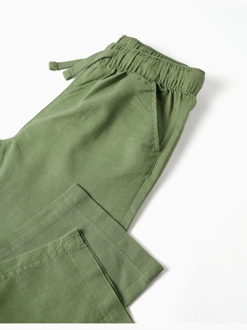 Pantalon à coupe droite en lin avec cordon de serrage Vert - Kiabi