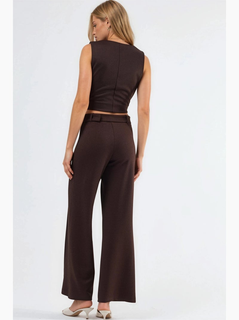 Pantalon à jambe droite taille haute avec ceinture busem Marron chocolat - Kiabi