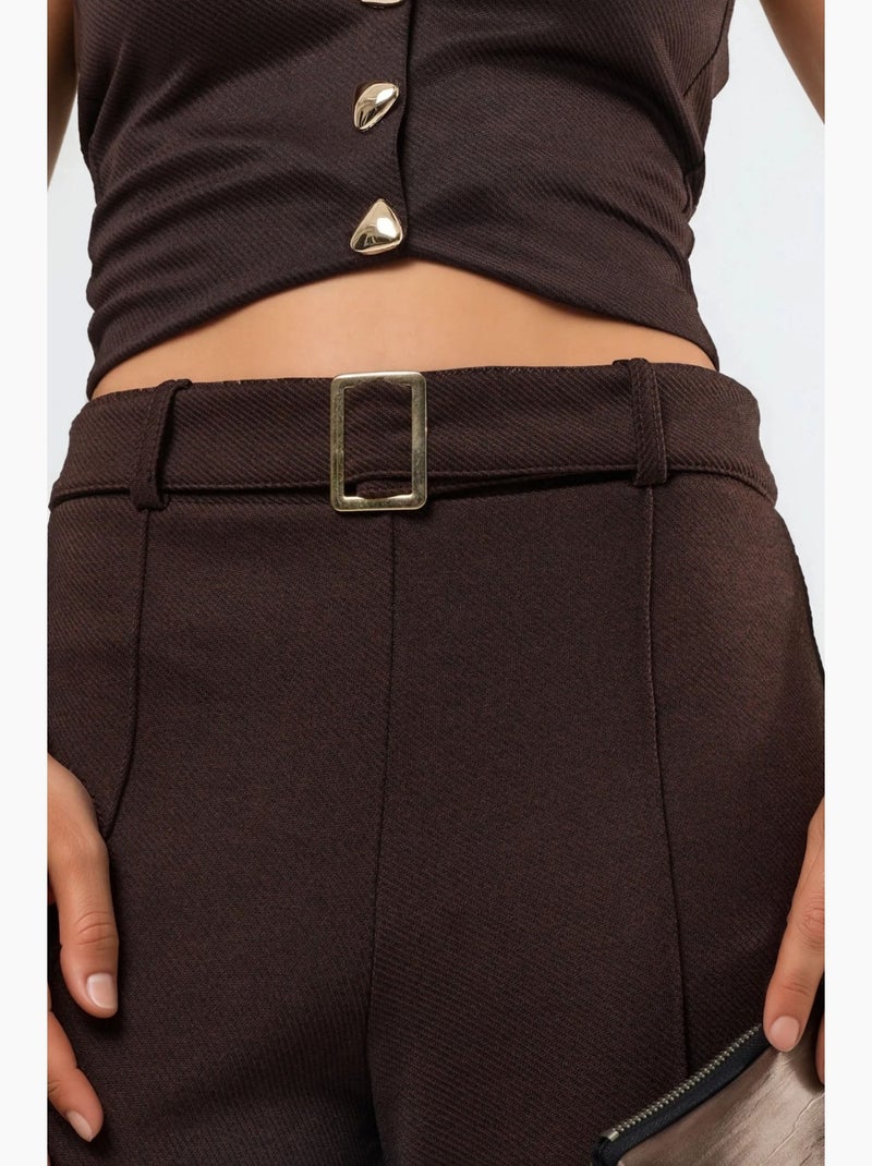 Pantalon à jambe droite taille haute avec ceinture busem Marron chocolat - Kiabi