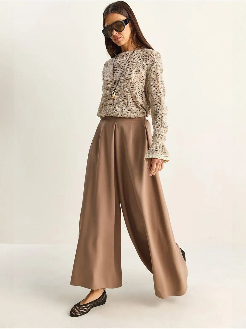 Pantalon à jambe large taille haute lucci Taupe - Kiabi