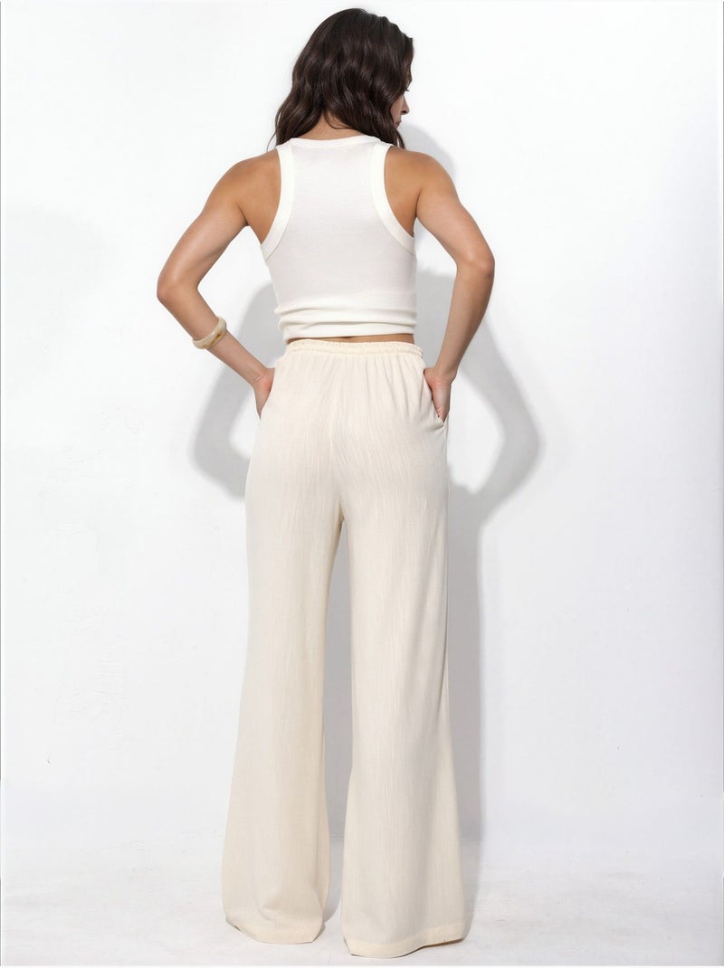 Pantalon à jambes larges à enfiler Crème - Kiabi