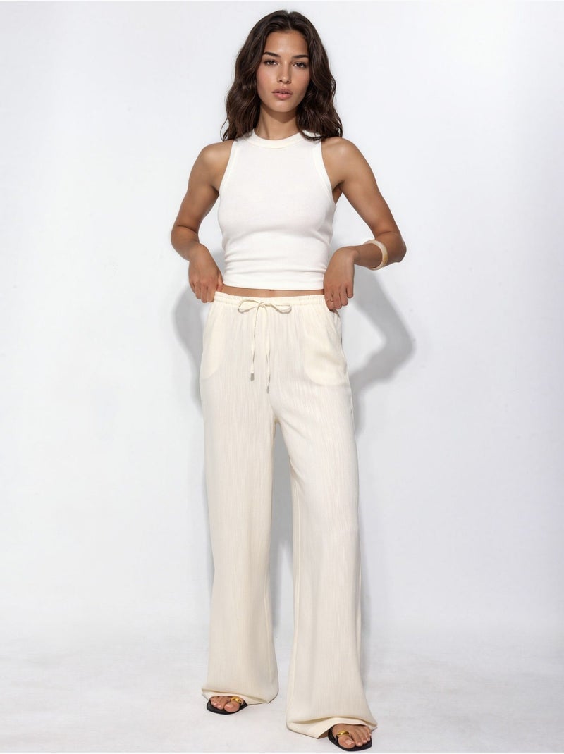 Pantalon à jambes larges à enfiler Crème - Kiabi
