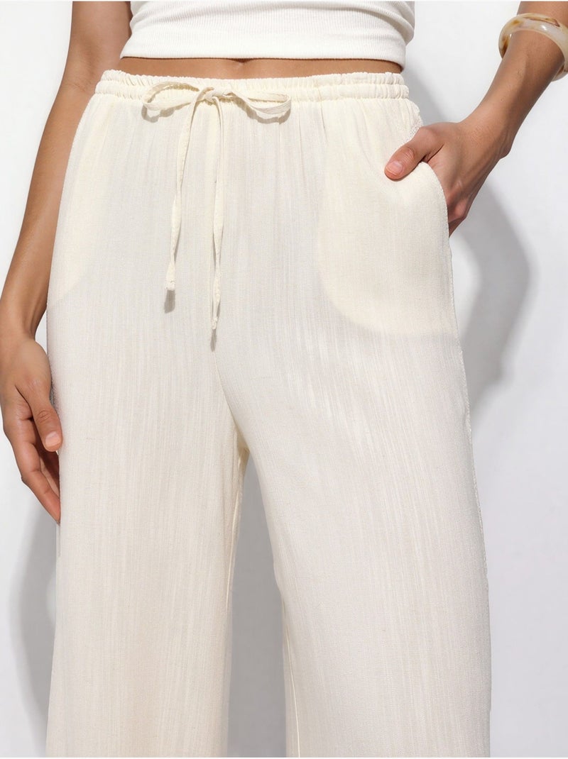 Pantalon à jambes larges à enfiler Crème - Kiabi