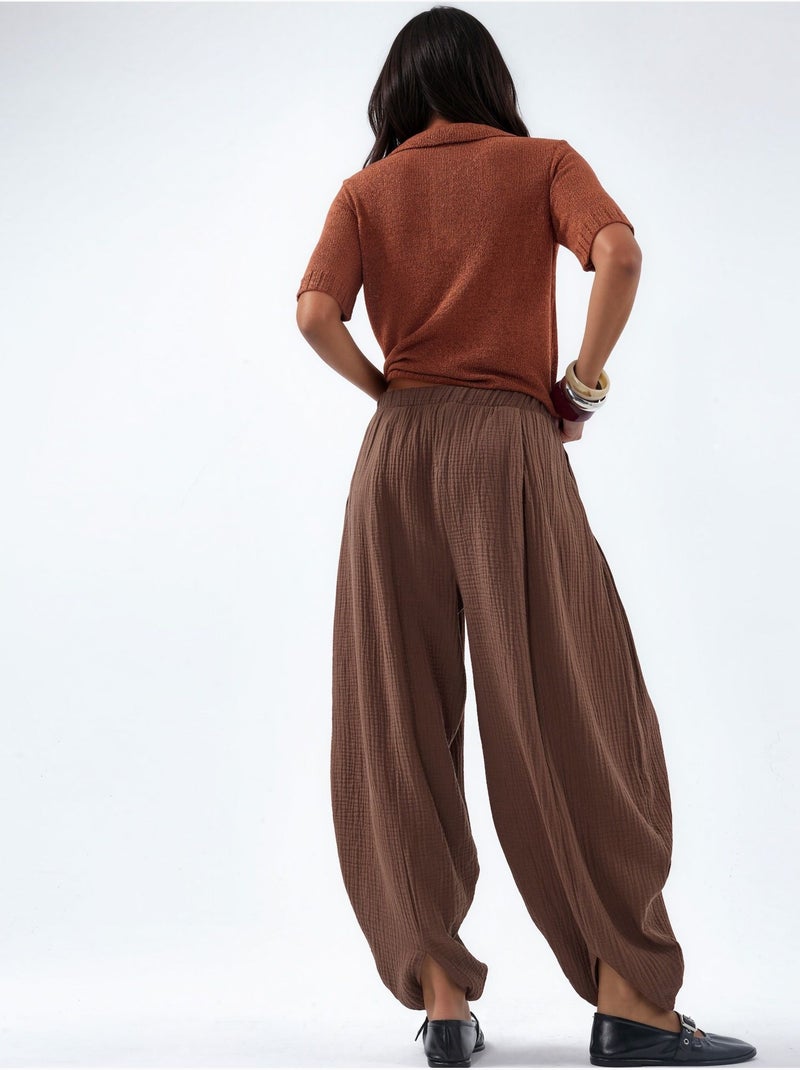 Pantalon à jambes larges avec taille élastique busem Marron clair - Kiabi