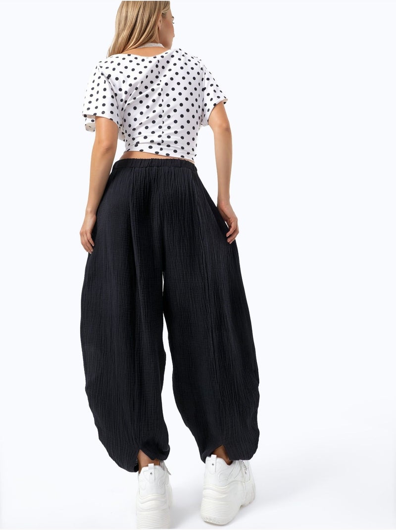 Pantalon à jambes larges avec taille élastique busem Noir - Kiabi