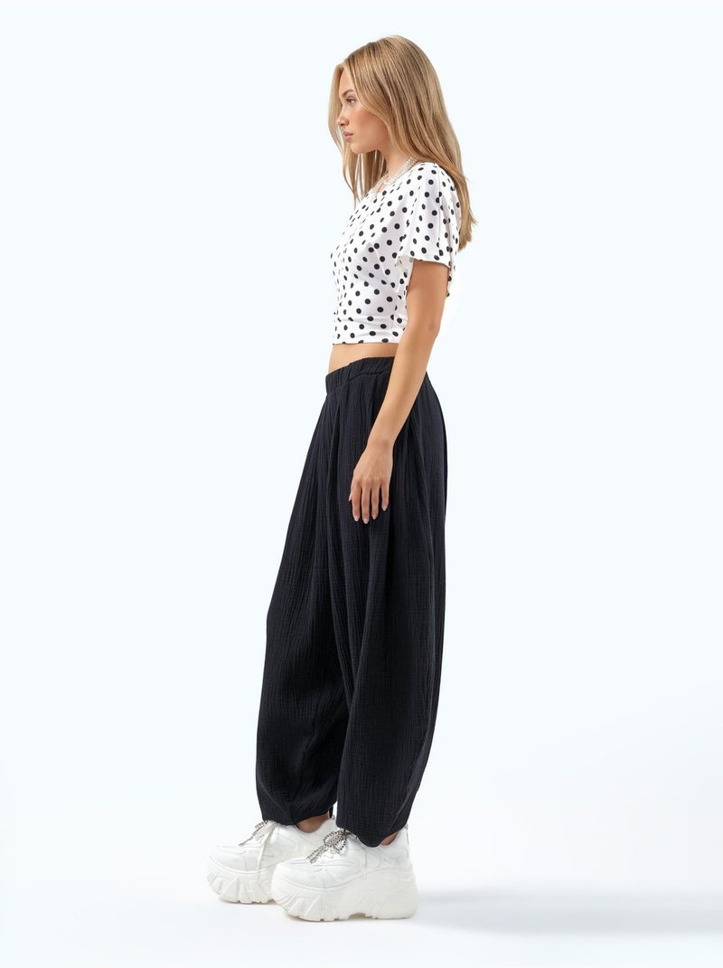 Pantalon à jambes larges avec taille élastique busem Noir - Kiabi