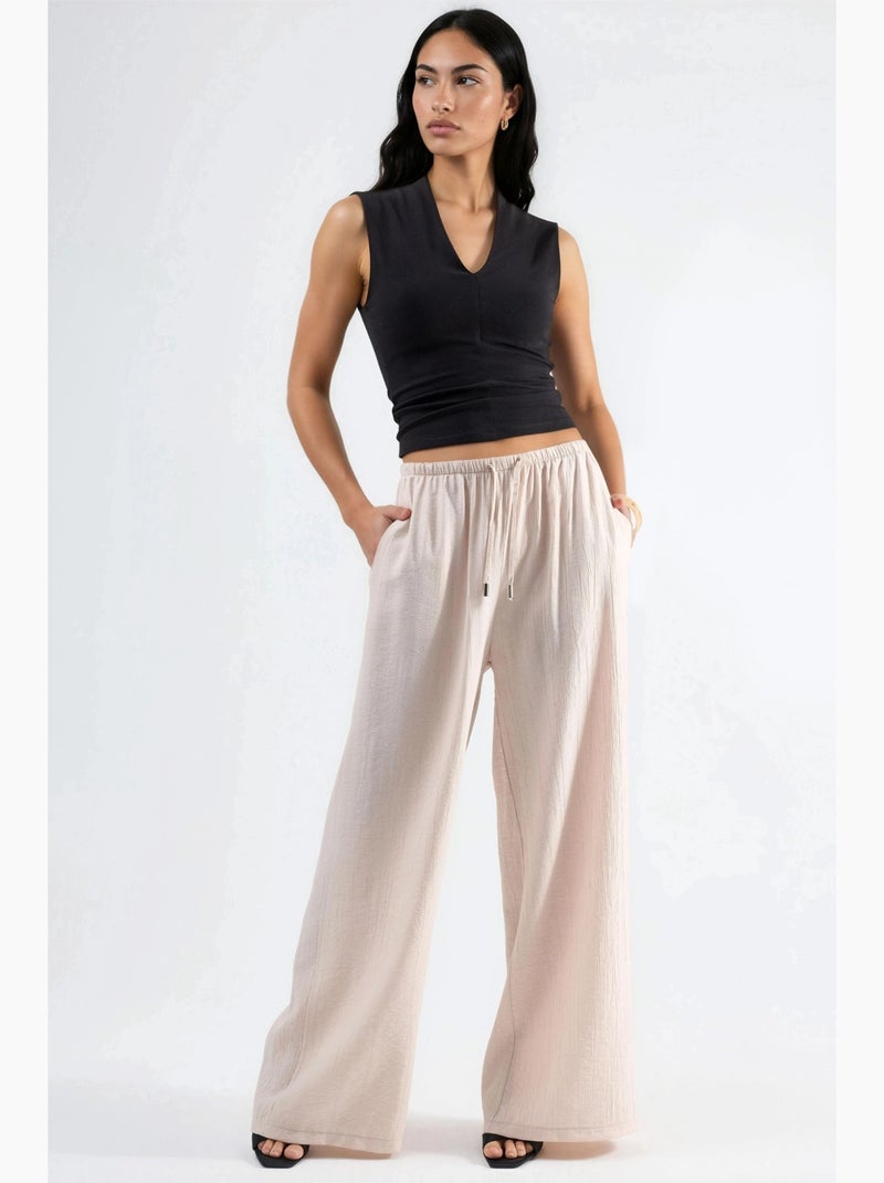 Pantalon à jambes larges et taille élastiquée avec cordon de serrage et poches busem Beige argile - Kiabi