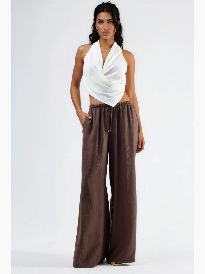 Pantalon à jambes larges et taille élastiquée avec cordon de serrage et poches busem Marron - Kiabi