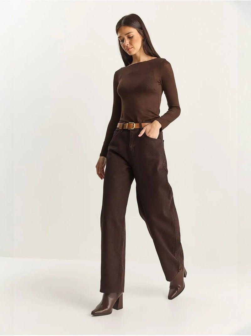 Pantalon à jambes larges et taille haute. Lucci Marron chocolat - Kiabi