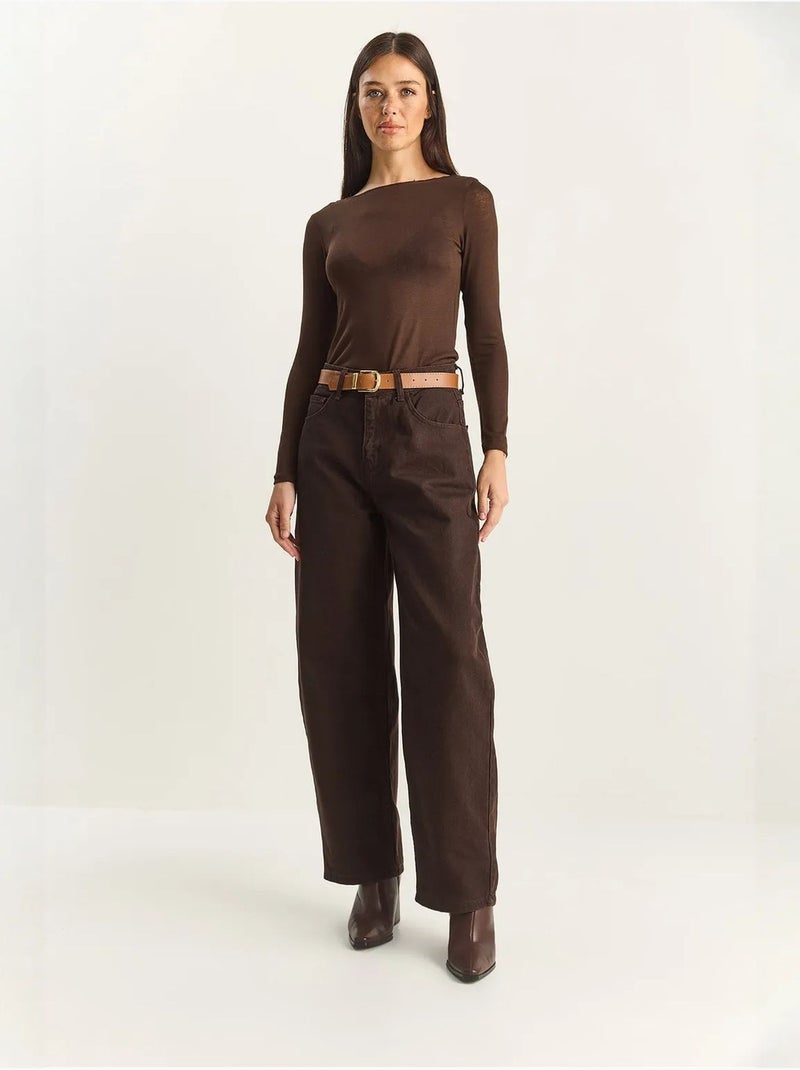 Pantalon à jambes larges et taille haute. Lucci Marron chocolat - Kiabi
