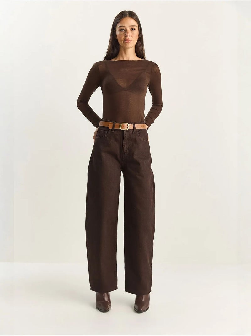 Pantalon à jambes larges et taille haute. Lucci Marron chocolat - Kiabi