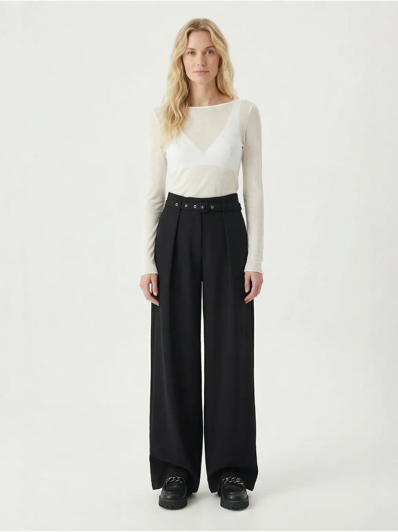 Pantalon à jambes larges plissé et ceinturé istanbul Noir - Kiabi